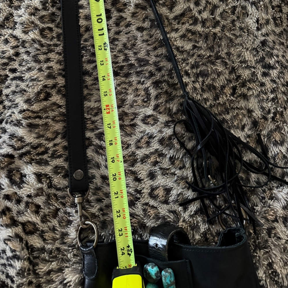 Two Bar West Black Leather Bag with Turquoise Accents and Fringe Accented Strap - Picture 6 of 8